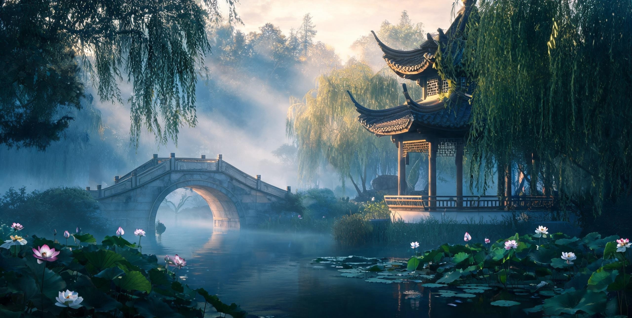Traditional Chinese garden at dawn